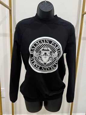 Balmain Paris Black Logo Sweatshirt Graphic Crest Pullover XS 36 authentic*